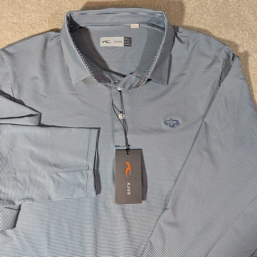 KJUS Men Soren Long Sleeve Polo Shirt Blue Stripe UPF 50+ MG60-H14 Size 56 2XL